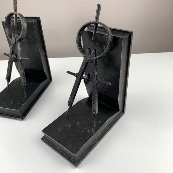Sterling Architect Compass Bookends Rusted Black Finish Set of Two - Picture 2 of 9